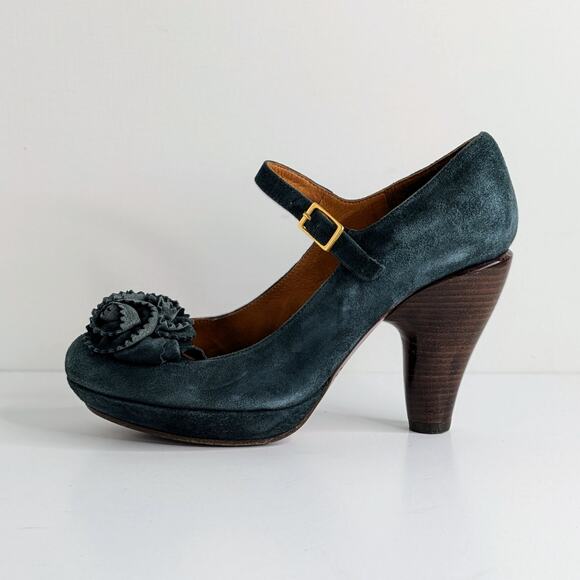 Chie Mihara Mary Jane Platform Heels 37 Blue Suede Floral Retro Glam Pinup - Picture 9 of 16